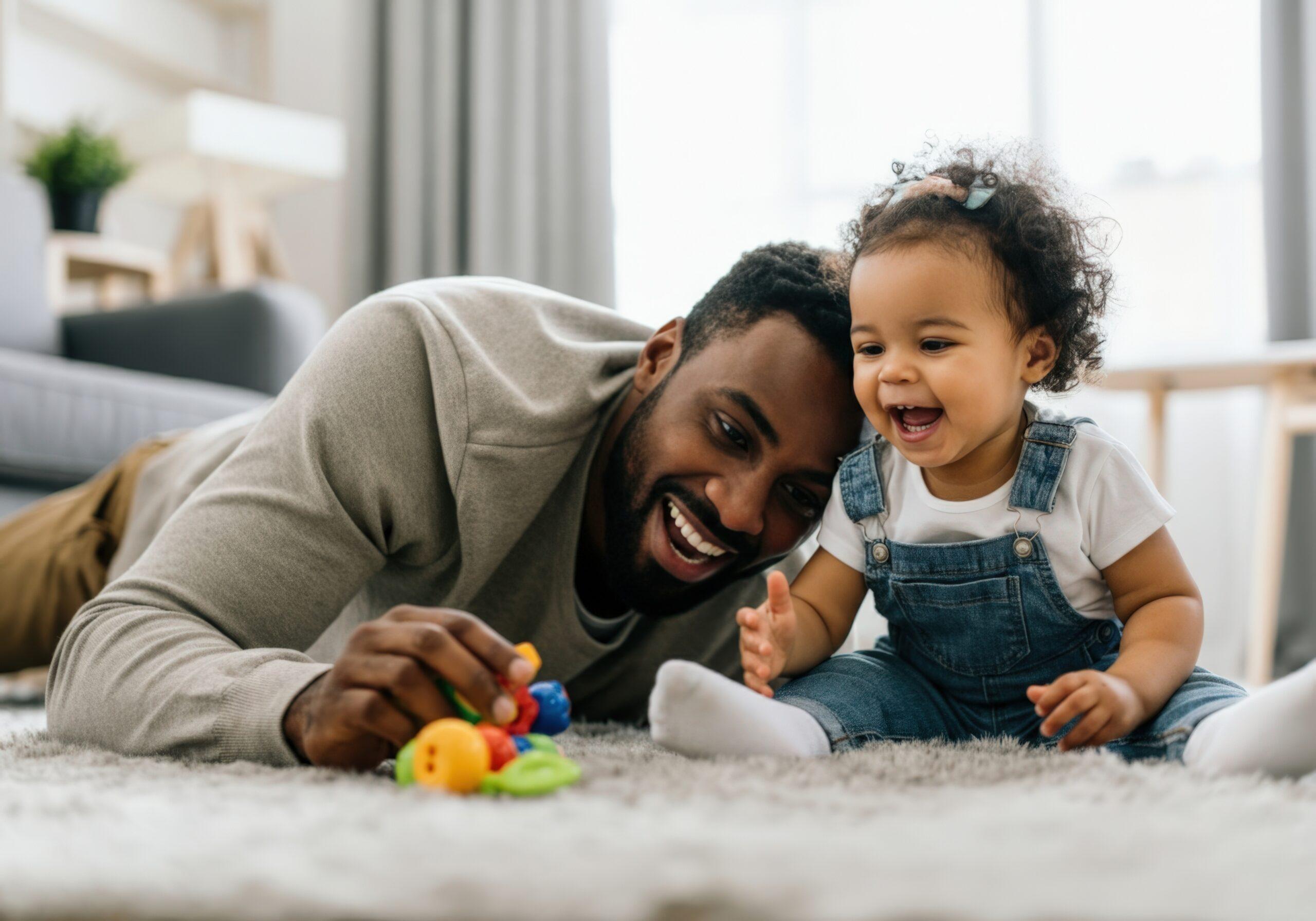 Father and baby daughter laughing and playing together with colorful toys