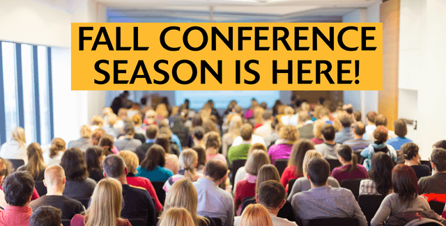 Photo of a room full of conference attendees. A banner reads: Fall conference season is here!